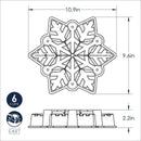 Dimensions for Nordic Ware cast aluminum snowflake-shaped baking pan with intricate detailing, shown on a white background.