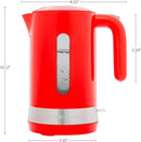 Dimensions for Red OVENTE 1.8L electric kettle with ProntoFill lid and water level window, displayed on a white background.