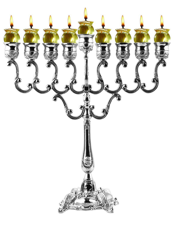 Ner Mitzvah Silver Plated Oil Menorah - Fits Standard Chanukah Oil Cups and Candles - Olive Branches - 14" High