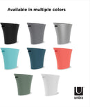 A pair of slim, black, oval-shaped trash cans with a slightly tapered design. Each can has a handle integrated into its top rim, which is cut at an angle.