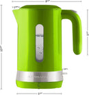 Dimensions for Green OVENTE 1.8L electric kettle with ProntoFill lid, removable spout filter, and water level window on a white background.