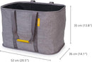 A gray Joseph Joseph Hold-All Max collapsible laundry basket with a yellow tag and gray fabric handles. The basket has a moisture-resistant black interior.