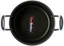 A black hard-anodized 8-quart stockpot  shown on a white background.