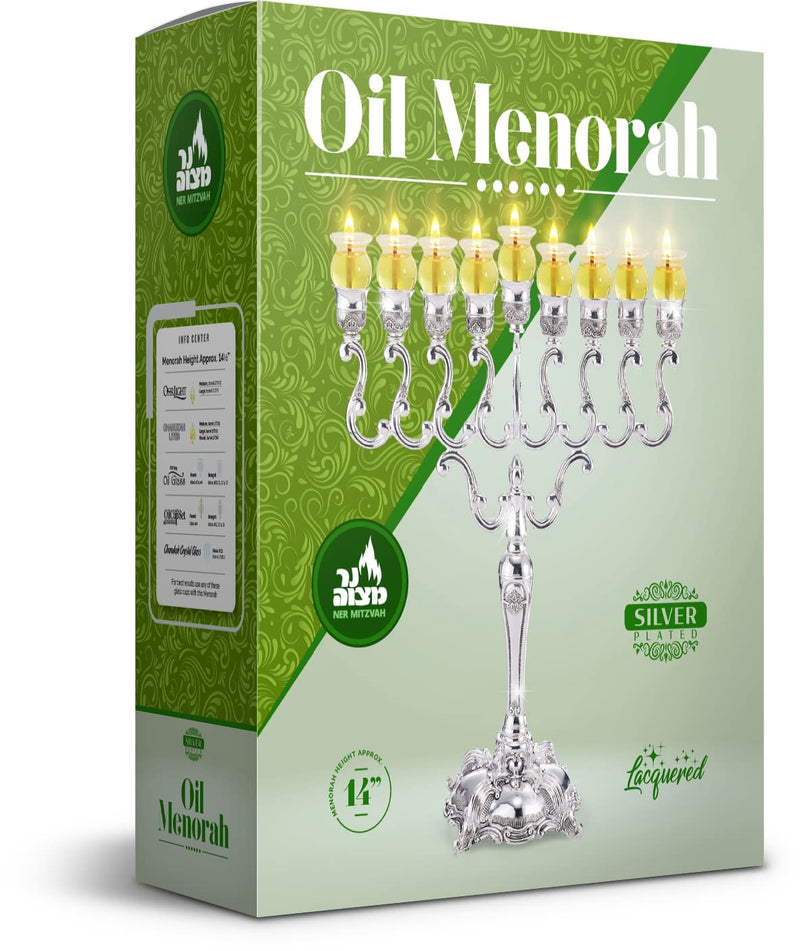 Ner Mitzvah Silver Plated Oil Menorah with Olive Branches - 14" High
