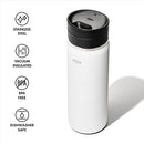 OXO Good Grips 20 oz stainless steel travel coffee mug in quartz finish with twist lid on a white background.