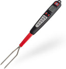 Black and red digital meat thermometer fork with stainless steel prongs.