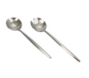 A 2-piece salad serving set consisting of one spoon and one spork, both made of satin-finish silver stainless steel with sleek, tapered handles.
