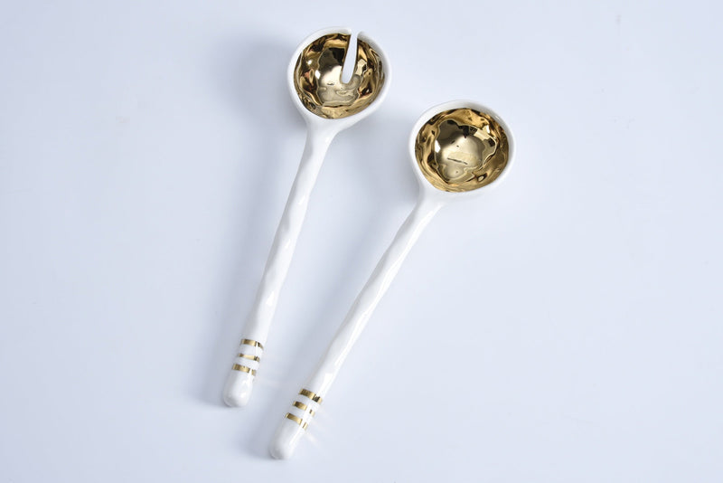 White and Gold Ceramic Salad Server Set