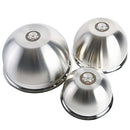 Three round, silver, shiny bowls of varying sizes, arranged from largest to smallest, showing a reflective surface.