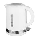 White electric kettle with a 1-liter capacity, water level window, and stainless steel base.