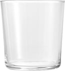 A clear, empty Bormioli Rocco Bodega collection 12-ounce drinking glass with a simple, cylindrical shape and a thick base.