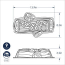 Dimensions for Silver Nordic Ware yule log-shaped baking pan with detailed textured design, shown on a white background.