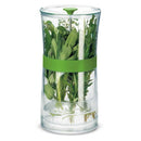 A large, clear herb keeper filled with a variety of fresh green herbs, including sage and rosemary. A green band wraps around the middle, and the base holds water to keep the herbs hydrated.