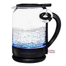 OVENTE black 1.5L electric glass kettle with blue LED lighting and ProntoFill lid on a white background.