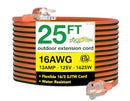 25ft orange Go Green Power outdoor extension cord with lighted end coiled in packaging on a white background.
