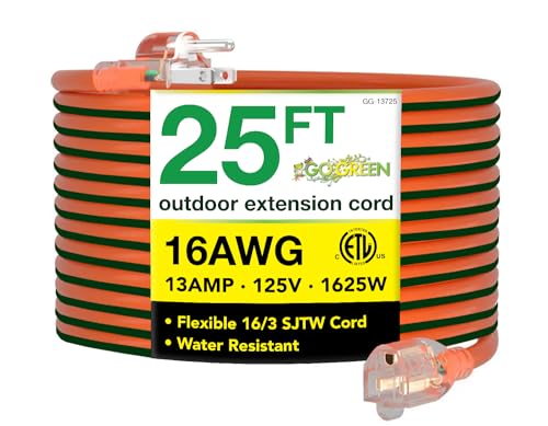 Go Green Power Inc. 16/3 25ft Outdoor Extension Cord with Lighted End - Contractor Grade, Durable, and Moisture Resistant - Ideal for Heavy Duty Tools - GG-13725