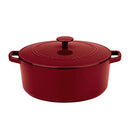 Cuisinart 7-quart enameled cast iron round casserole in cardinal red with matching lid and side handles, shown on a white background.
