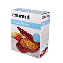 Red electric pizza maker with a cooked pizza inside, lid open, and controls visible.