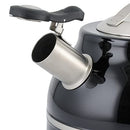 A black Kenmore Elite Costner whistling tea kettle with a polished stainless steel band at its base and a heat-resistant black Bakelite handle.
