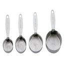 Set of four stainless steel oval measuring cups with stamped handles from Cuisipro, includes 1/4 to 1 cup sizes