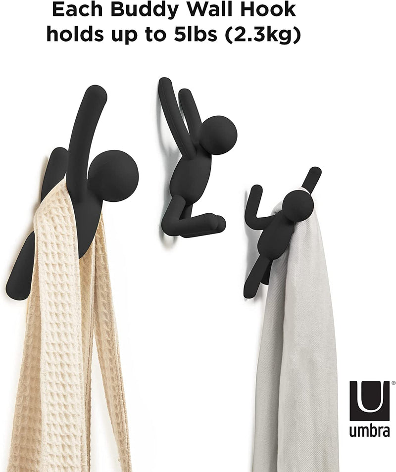 Umbra Buddy Wall Hooks – Decorative Wall Mounted Coat Hooks for Hanging Coats, Scarves, Bags, Purses, Backpacks, Towels and More, Set of 3, Black