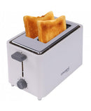 Compact white 2-slice toaster, Courant brand, with removable crumb tray and silver accents