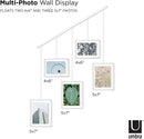 A contemporary white photo display featuring five square frames suspended from a horizontal bar by thin rods.