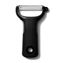 OXO Good Grips Y Peeler, a black handle peeler with a horizontal stainless steel blade, featuring the OXO logo and a comfortable ribbed grip.