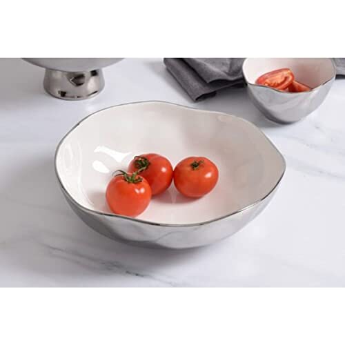 Pampa Bay Titanium-Plated Porcelain Wide Bowl, 12 Inch, Silver/White Tone, Oven, Freezer, Dishwasher Safe