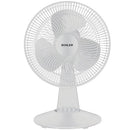 White 12-inch SOHLER oscillating table fan with three blades and adjustable tilt head on a white background.