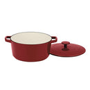 A red enameled cast iron round casserole with matching lid and wide handles, shown on a white background.