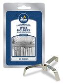 A package of Ner Mitzvah brand aluminum wick holders with a blue and white label. The package states "ALUMINUM. WICK HOLDERS" and "INCLUDES APPROX 50 WICKS" with a "MEDIUM" size indication and "50 PIECES". Next to the package, a single aluminum wick holder is shown.