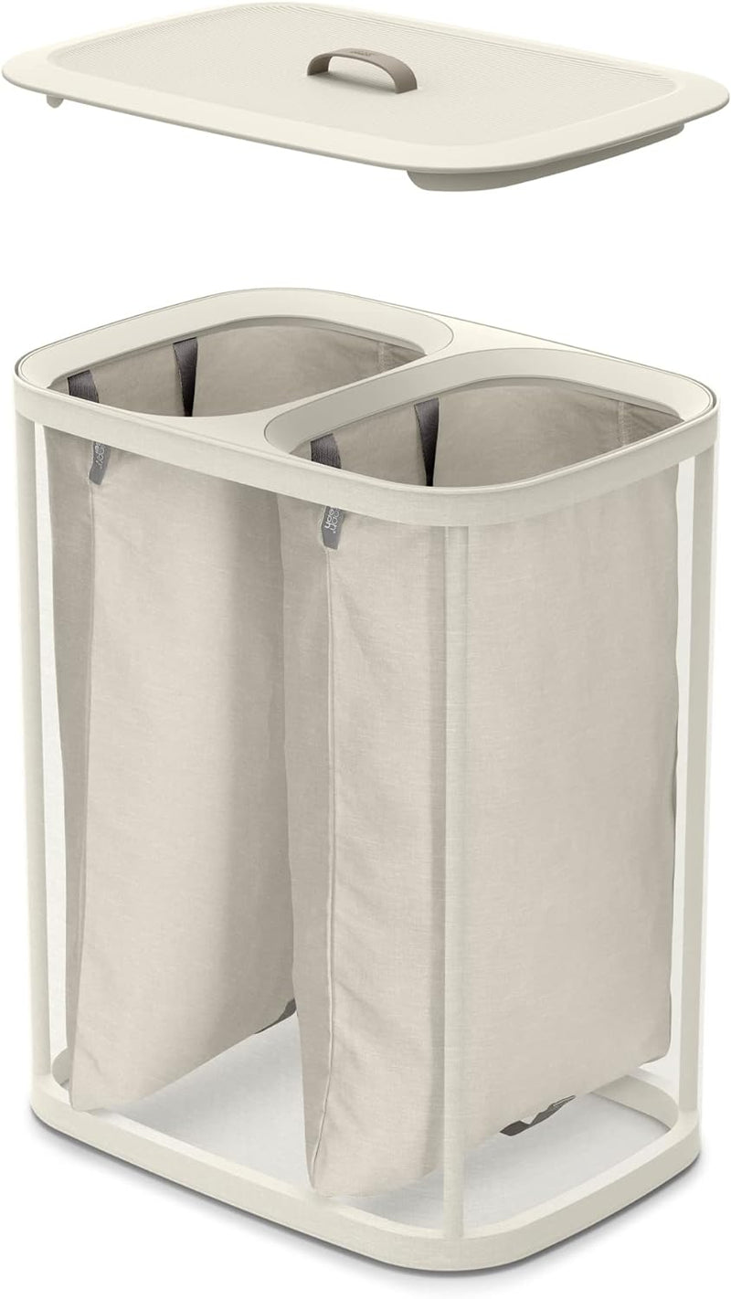 Joseph Joseph Tota 90-liter Laundry Hamper Separation Basket with lid, 2 Removable Washing Bags with Handles- Ecru