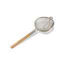 12-inch stainless steel strainer with a wooden handle.