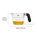 OXO Good Grips 1-cup borosilicate glass measuring cup with clear markings and black non-slip handle shown on a white background.