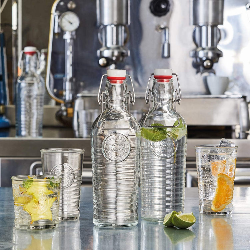 Bormioli Rocco Officina 1825 set or 2 Glass Bottles 37.25 oz, Italian Pitchers, Airtight Seal & Metal Clamp, Easy To Carry Handle, Dishwasher Safe & Eco-Friendly, Safe For Infused & Carbonated Drinks.