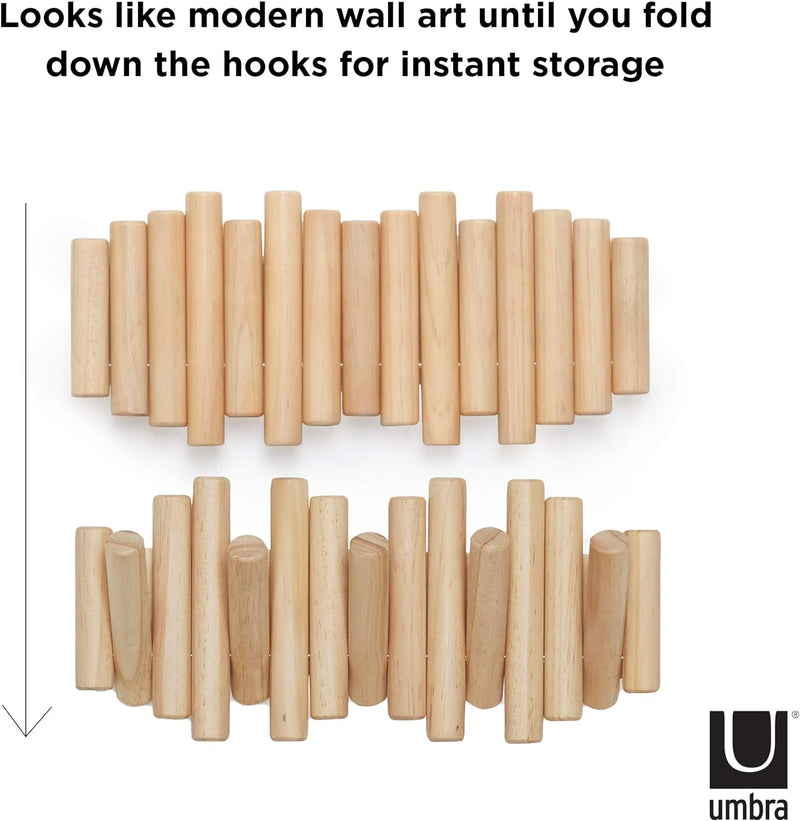 Umbra Picket 5 Hooks, Wall-Mounted Rail, Doubles as Art, Beveled Pine Wood Dowels, Natural Finish