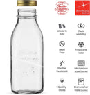 clear 33.75 oz Bormioli Rocco Quattro Stagioni bottles with embossed fruit and vine design, displayed on a white background.