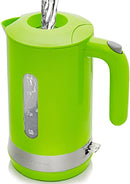 Green OVENTE 1.8L electric kettle with ProntoFill lid, removable spout filter, and water level window on a white background.