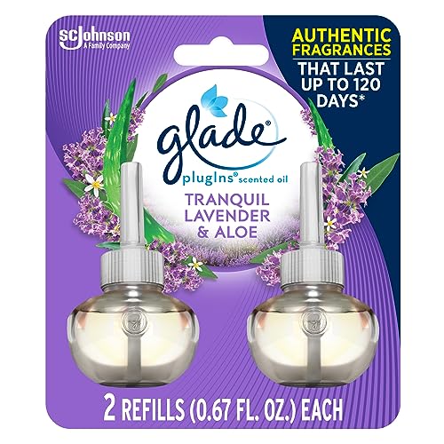 Glade PlugIns Refills Air Freshener, Scented and Essential Oils for Home and Bathroom, Tranquil Lavender & Aloe, 1.34 Fl Oz, 2 Count