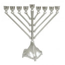 A polished silver-colored Chanukah menorah with nine candle holders, featuring angular branches extending symmetrically from a central stem and a flared base.