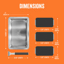 Grilling and serving set by Yukon Glory, featuring a large silver pan and three smaller black grill/sear trays with cooked food, plus a handle, all next to its product packaging.