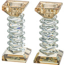 Pair of 14 cm yellow gold crystal candlesticks on a white background.