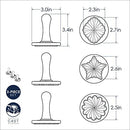 Dimensions for Nordic Ware set of three silver cast aluminum cookie stamps with red wooden handles, shown on a white background.