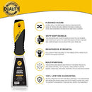 Flexible putty knife with a stainless steel blade and black-and-yellow soft grip handle, displayed on a white background.