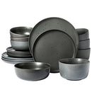 Truffle gray 16-piece stoneware dinnerware set with dinner plates, salad plates, soup bowls, and smaller bowls on a white background.