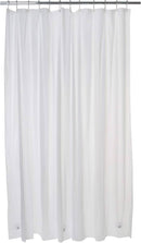 White heavy-weight shower curtain liner with reinforced grommets and bottom weights for optimal drape and stability.