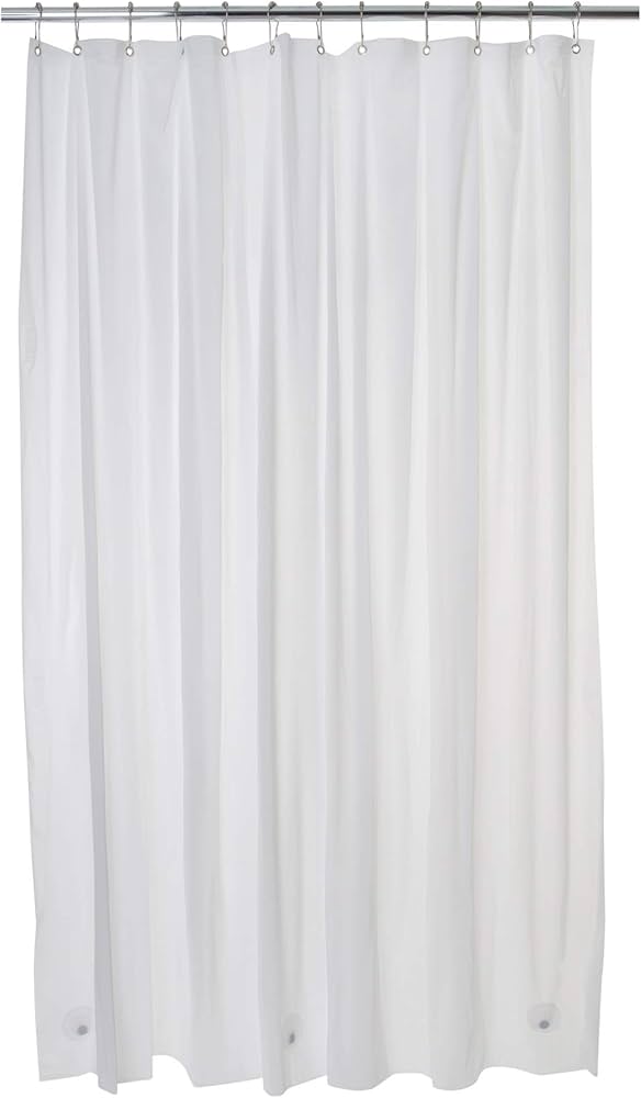 White heavy-weight shower curtain liner with reinforced grommets and bottom weights for optimal drape and stability.