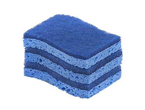 Superio Non-Scratch Cellulose Sponge Kitchen Scrub Sponges with Scouring Pad Set, Good for Non-Stick Cookware Frying Pan, Pot, Counter Top, Sink Scrubbing, Kitchen Scrubbers, Pack of 3, Blue