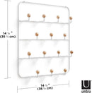 White Umbra Estique over-the-door multi-use organizer with 14 hooks featuring natural wood ends, shown against a white background.